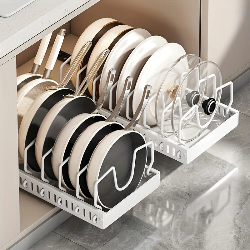 Cookware and Frying Pan Storage Rack with Pull-Out Lid Storage Box, Suitable for Placement under the Cabinet, Featuring a Pot Lid Rack with 8 Adjustable Dividers