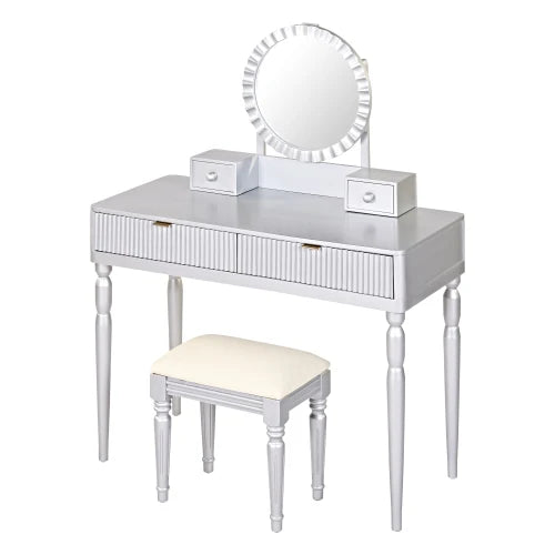 Vanity Desk With Round Mirror Height-Adjustable  Stylish Dressing Table Set  4 Drawers & Stool  Sier