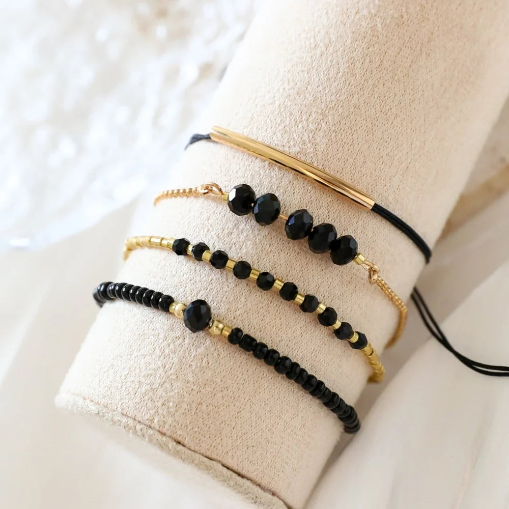 4Pc Set Black Glass Stone Bracelet