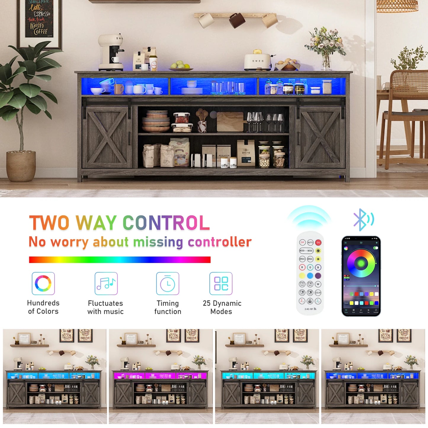 TV Stand Farmhouse Coffee Bar Cabinet Rustic Sliding Barn Door Storage Cabinet with Power Outlet & LED Light, 57" Wooden TV Cabi