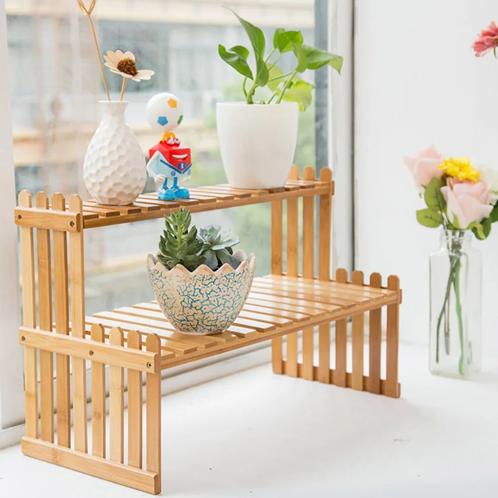 2 Tier Decorative Tabletop Wood Plant Stand Display Shelf For Home Office Tidy Storage Organiser
