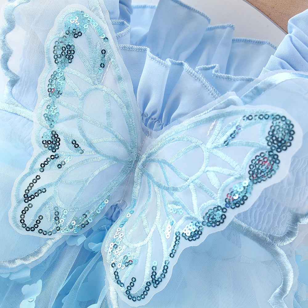Summer 0-3 Girls' Dress Solid Color Butterfly 3D Mesh Splicing Butterfly Wings Strap Fluffy Dress