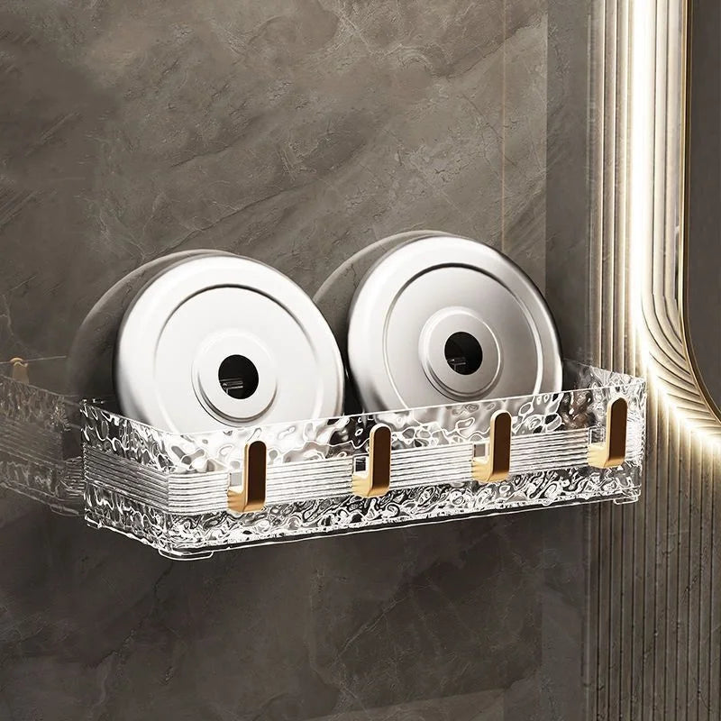 Wall Mounted Bathroom Storage Rack With 4 Hooks Corner Skincare Shampoo Shower Gel Shelf Makeup Perfume Holder