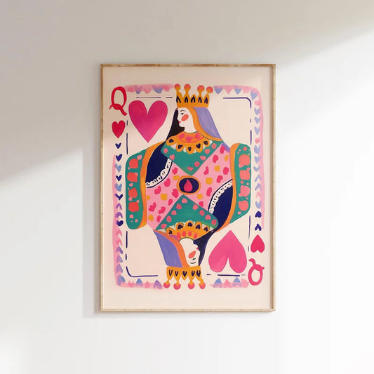 Queen of Hearts Wall Art Print | Colorful Playing Card Digital Download | Maximalist Card Decor | Dopamine Queen Illustration |