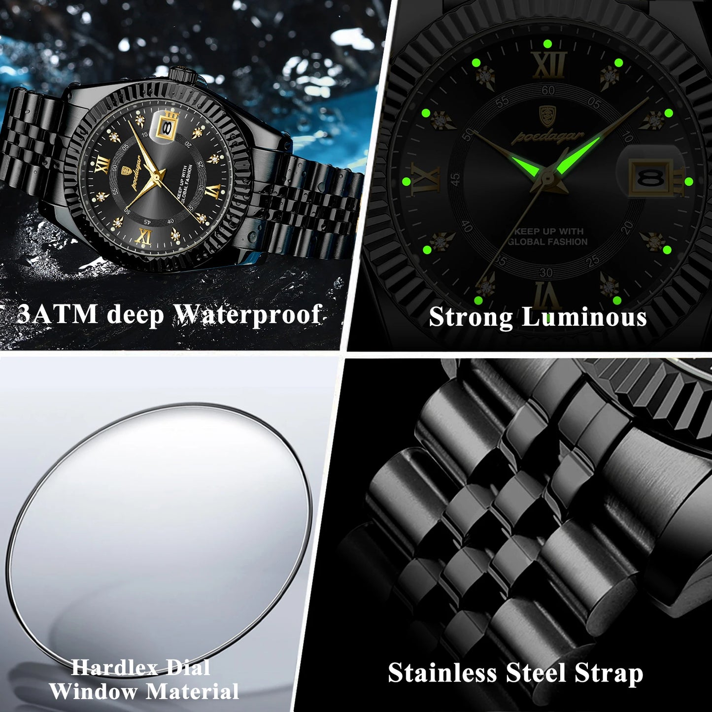 POEDAGAR Luxury Fashion Men Watch Waterproof Stainless Steel Luminous Military Man Wristwatch Date Business Quartz Men's Watches