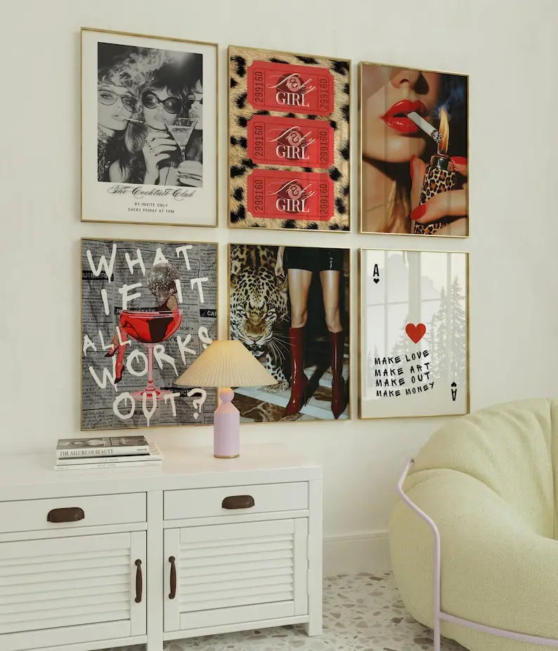 6pcs/set Fashion Leopard Print Magazine Cover Canvas Printing Red Fashion Girl Print Wall Art Poster for Living Room Home Decor