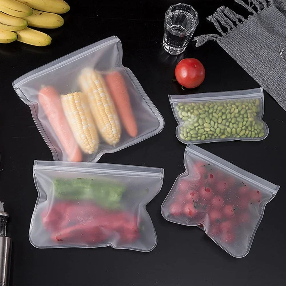 10PCS Food Grade Silicone Food Storage Bags Fresh-keeping Sealed Containers Leakproof Durable Reusable Stand Up Zip Freezer Bags