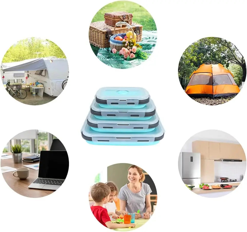 4PS Collapsible Food Storage Containers with Lids & Vent,, Kitchen Stacking Silicone Collapsible Meal Prep Container Set for