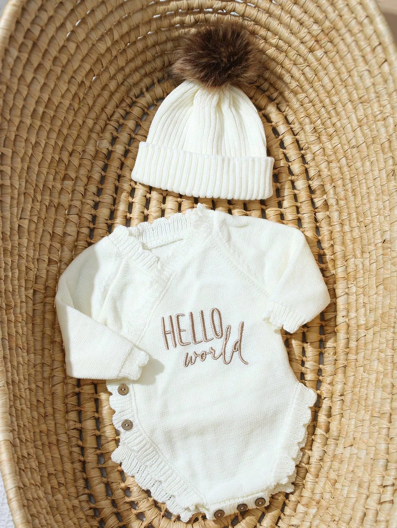 Ylsteed Hello World Knitting Newborn Photography Romper With Matching Pomp Hat Baby Boy Girl Sweater Outfits Photo Shooting-HD