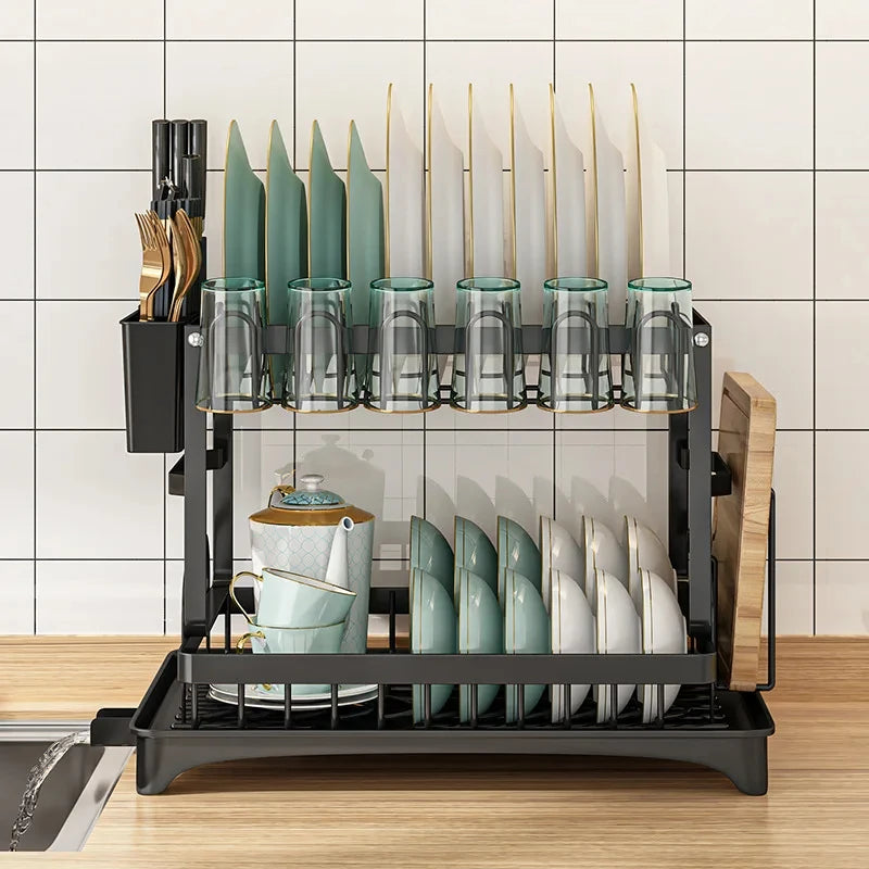 2-Tier Kitchen Countertop Dish Drying Rack, Multifunctional Bowl Drainer with Storage Slots for Chopsticks, Knives, Forks and Cups