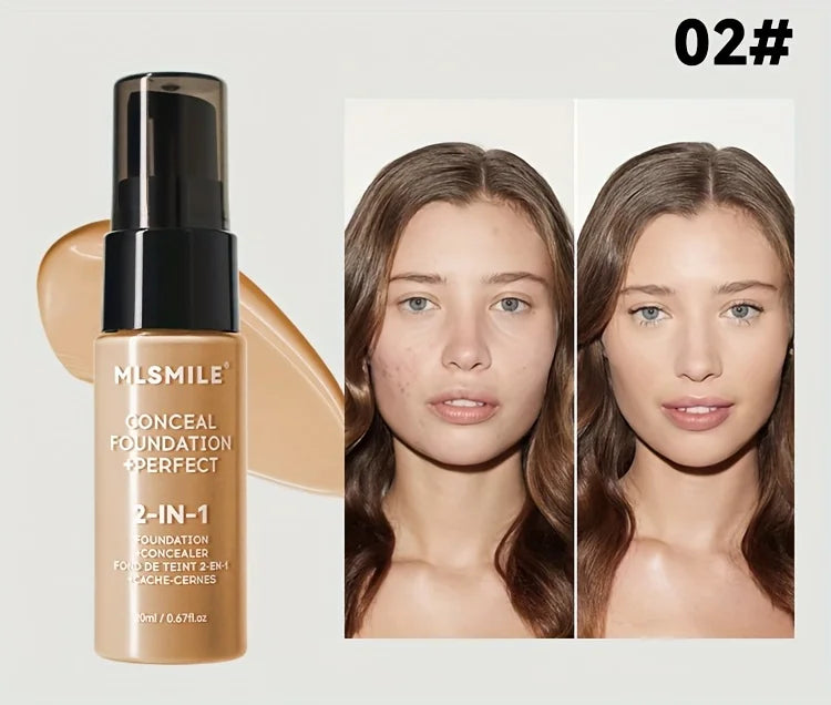 2-In-1 Oil Control Liquid Foundation & Concealer Full Coverage Long Lasting Waterproof Hydrating Brightening Base Makeup