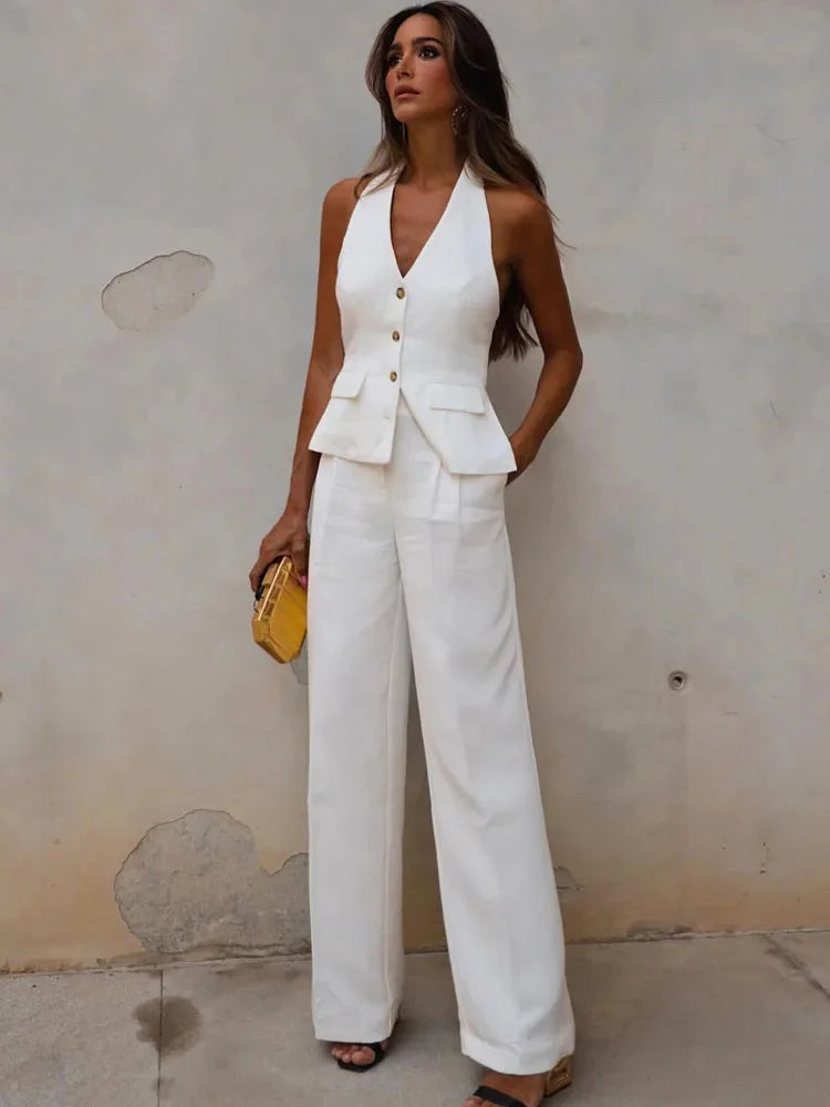 Women's Linen Look Halterneck Vest And Wide Leg Trouser