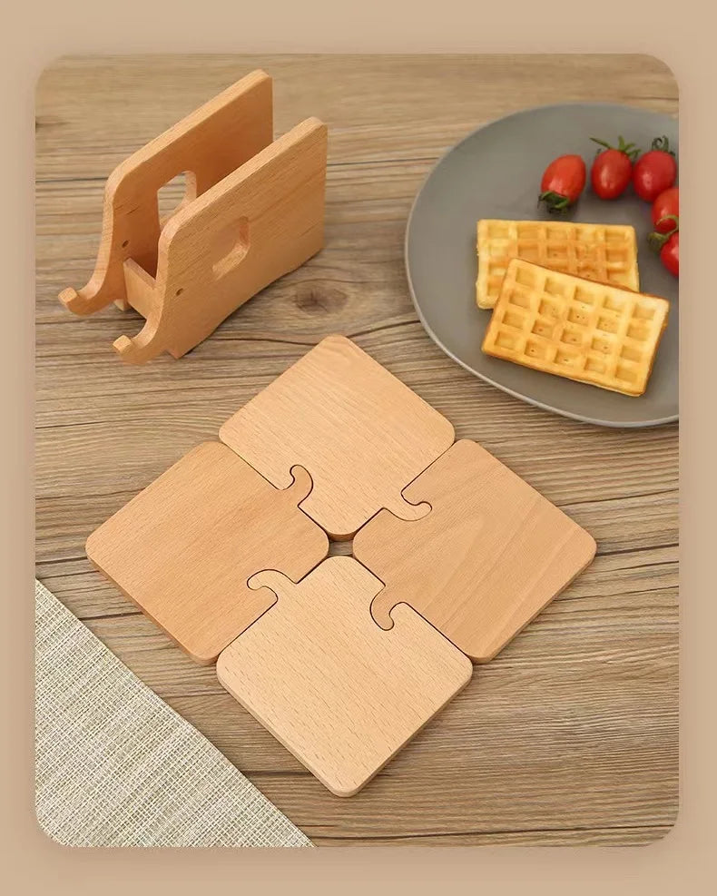 HeMu Cute Elephant Wooden Coaster Set Wood Heat-Resistant Drink Coasters with Holder, Decorative Table Pads for Kitchen, Dining