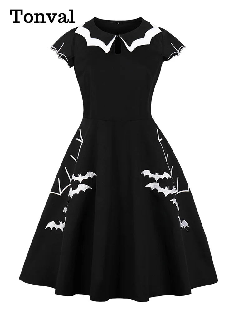 Tonval Bat Embroidery Halloween Costumes Party Vintage Dresses for Women Cap Sleeve Keyhole Front Cotton Retro A Line Dress