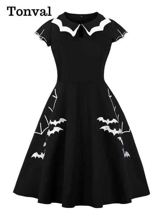 Tonval Bat Embroidery Halloween Costumes Party Vintage Dresses for Women Cap Sleeve Keyhole Front Cotton Retro A Line Dress