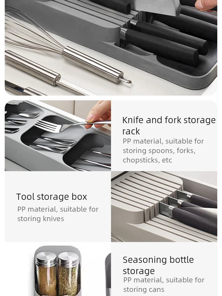 Kitchen Drawer Cutlery Storage Tray Knife Holder Spoon Forks Tableware Organiser Container For Spice Bottles Knives Block Rack