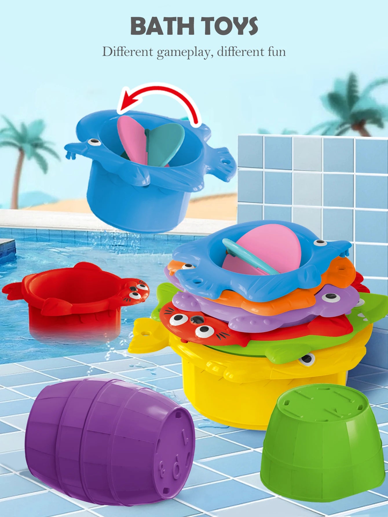 Baby Bath Toys, Stacking Cup Toddler Toy Random Colors Ocean Stacking Tower Bathtub Water Beach Play Bathroom Game Gifts