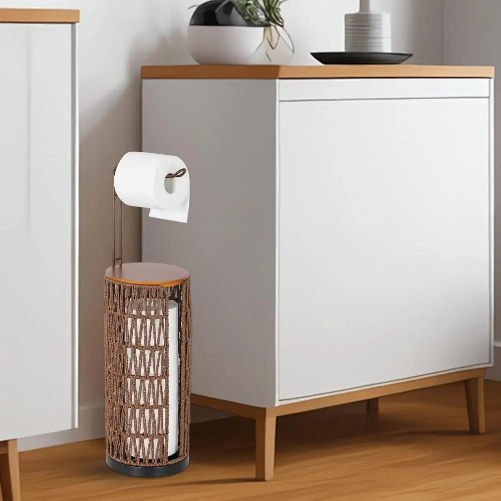 Freestanding Toilet Paper Holder with Storage,3 Rolls of Tissue Holder for Bathroom,Handmade WovenToilet Roll Holder Stand
