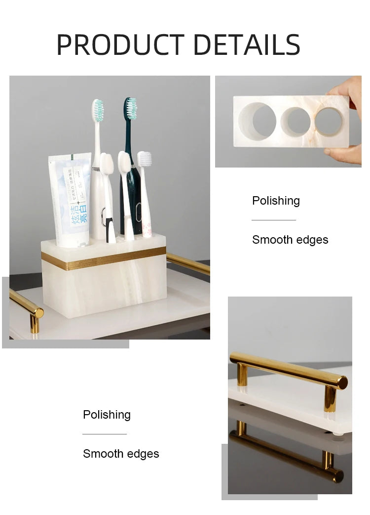 White Onyx Natural Marble Bathroom Accessories Gold Luxury Soap Dispenser Cotton Swab Holder Toothbrush Holder Bathroom Set