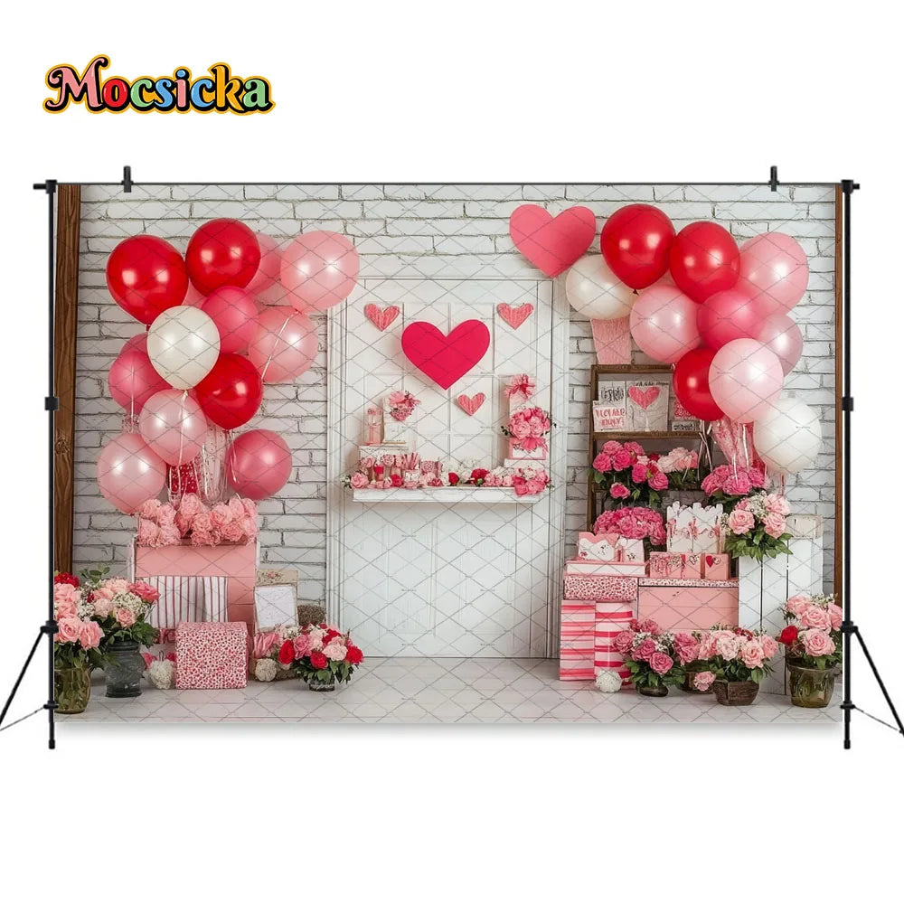 Mocsicka Valentine's Day Shop Backdrop Photography Pink Storefront Heart Balloon Red Rose Background Kids Birthday Photo Studio