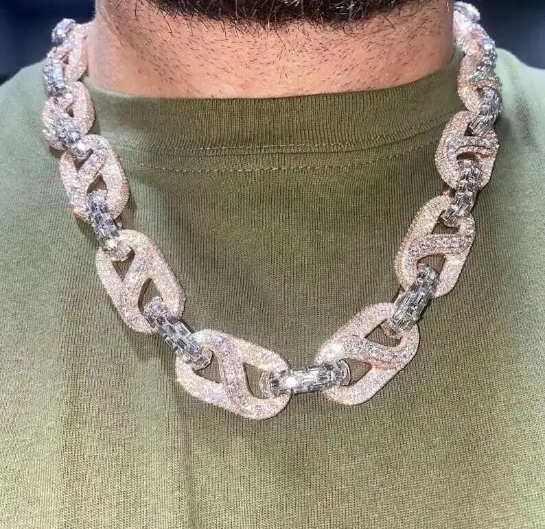 25MM Iced Out Hiphop Chain 925 Sterling Silver Buss Down Baguette   Round VVS Moissanite Cuban Chain