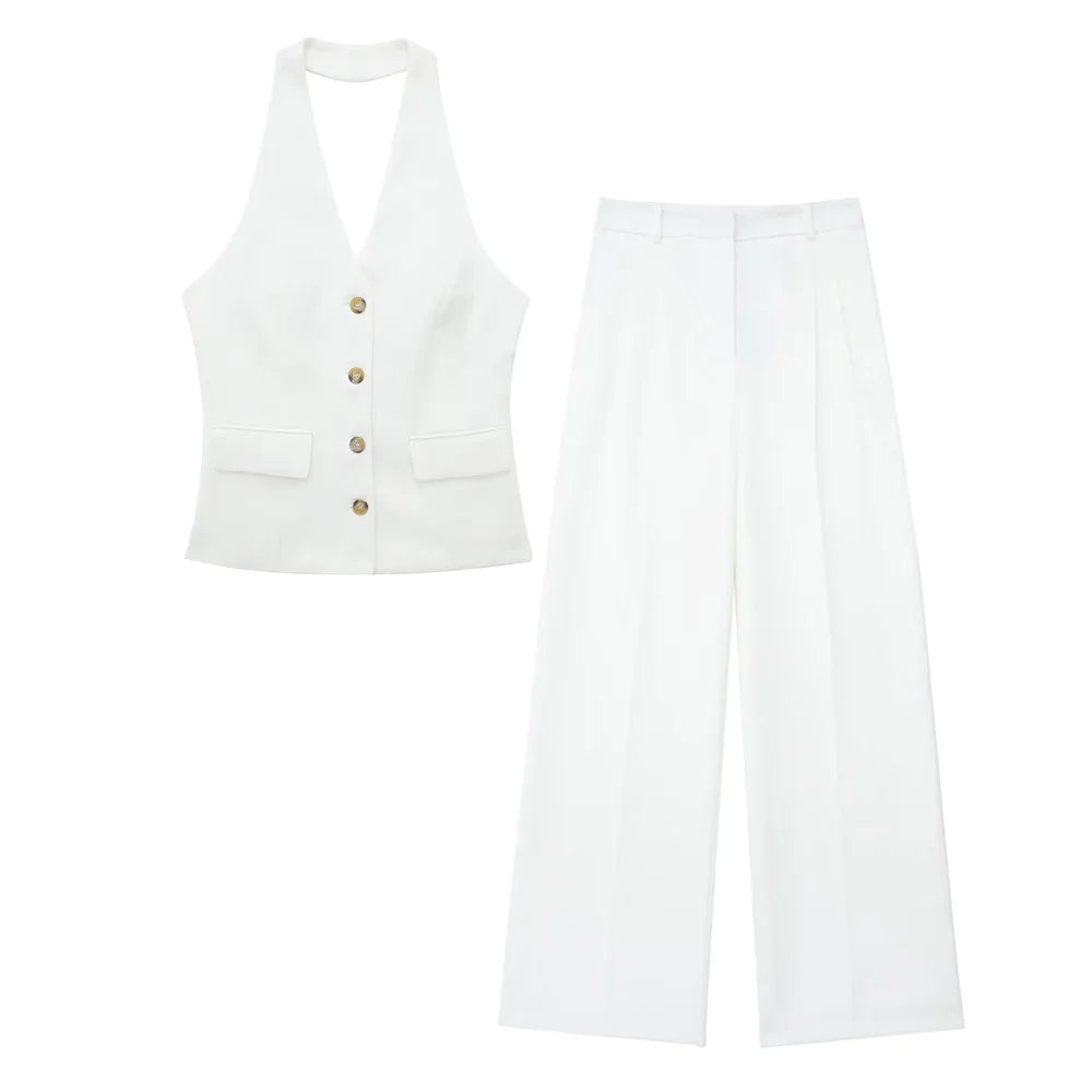 Women's Linen Look Halterneck Vest And Wide Leg Trouser