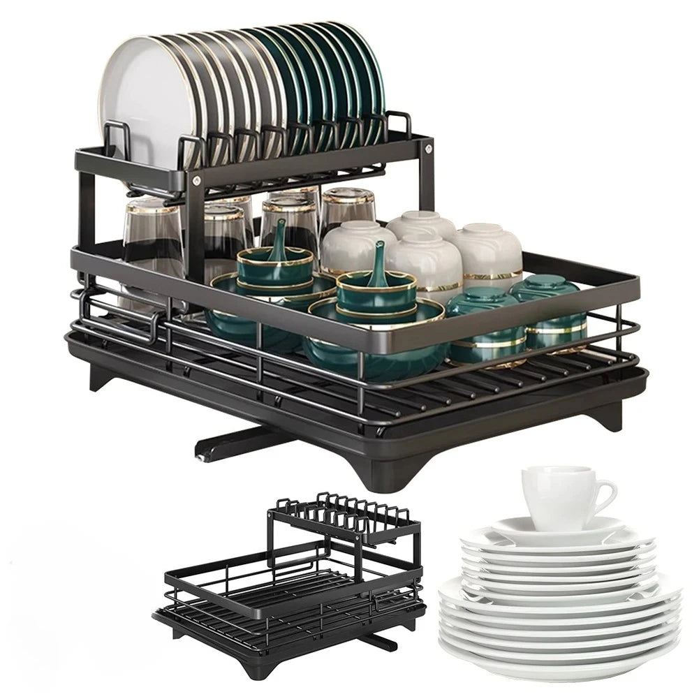 Popular Dish Drying Rack Kitchen Adjustable Steel 2 Tier Plates Organiser Dish Bowl Drainer Storage Rack Kitchen Utensils