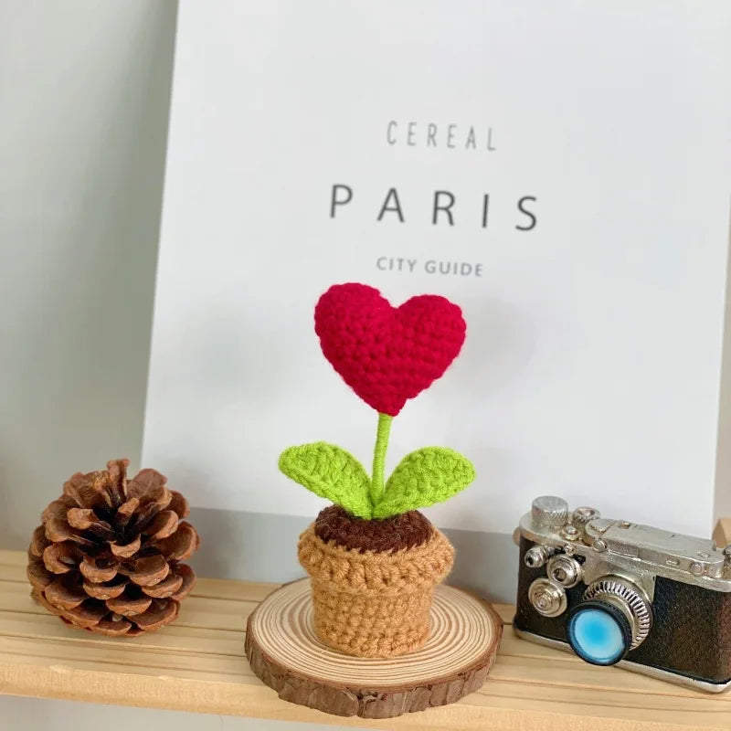 1/2/3/5Pcs Handmade Knitted Flower Pot Red Heart Shaped Knit Imitation Potted Plant Christmas Valentine's Day Mother‘s Day Gift