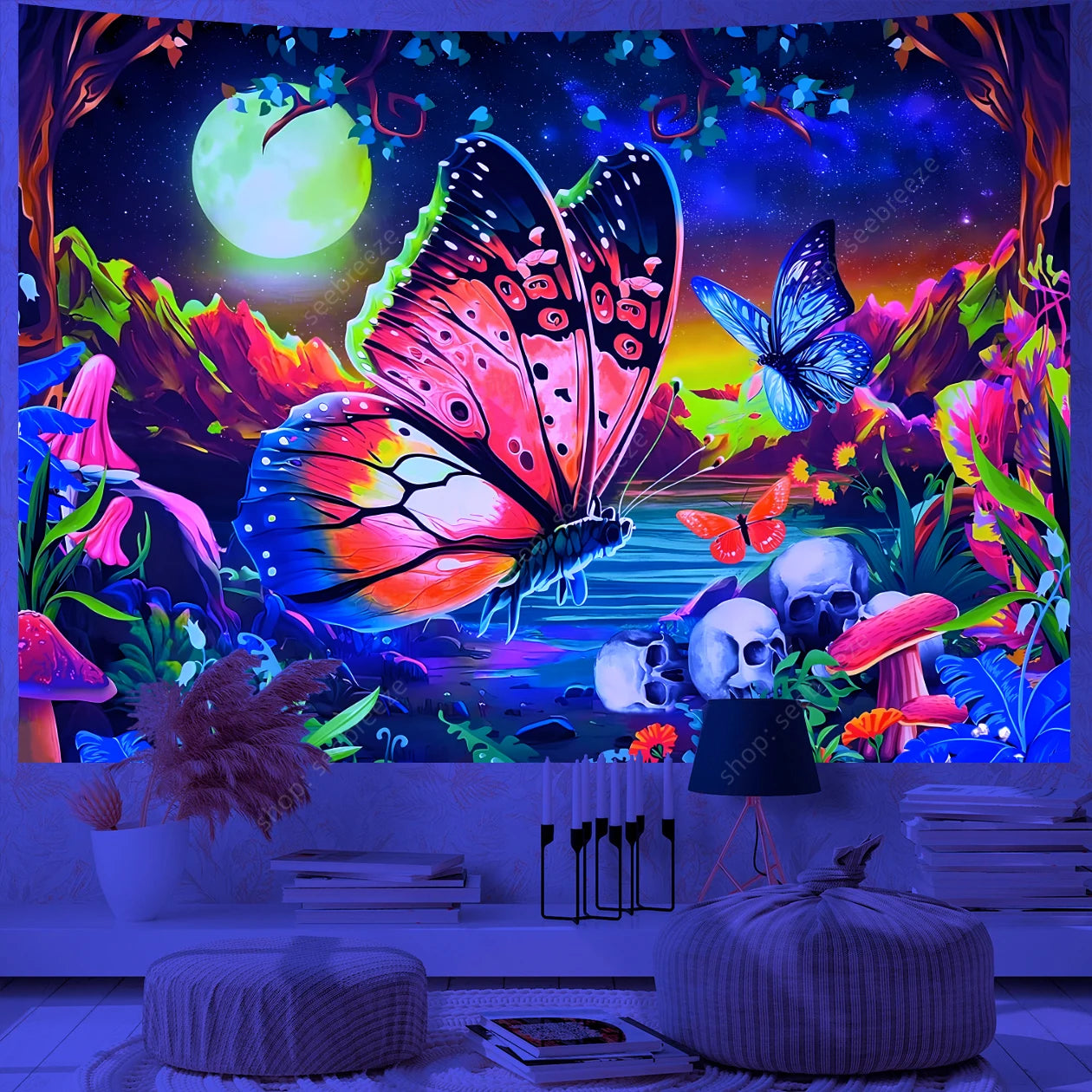 Butterfly Flower UV Reactive Tapestry Wall Hanging Hippie Boho Room Decor