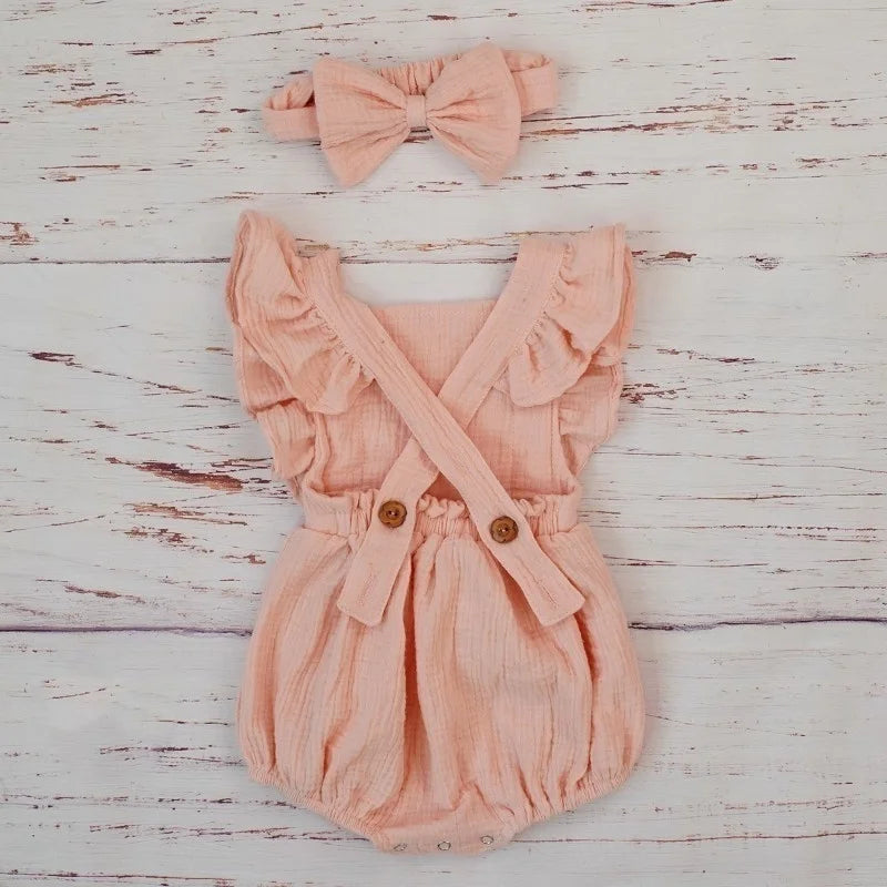 Organic Cotton Baby Girl Clothes Summer New Double Gauze Kids Ruffle Romper Jumpsuit Headband Dusty Pink Playsuit For Newborn 3M