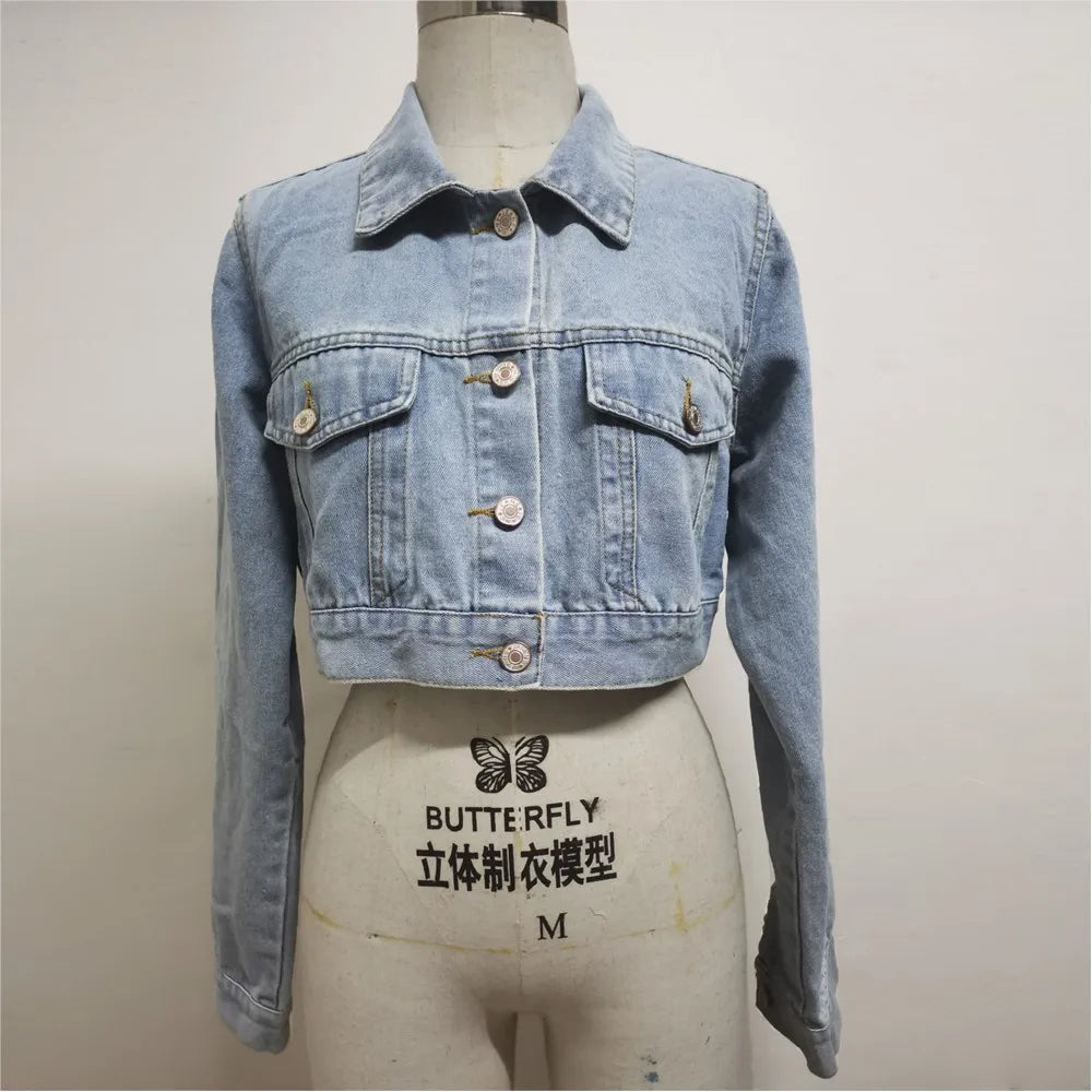 Women's Fashion Lapel Short Denim Coat Spring Summer New Casual Loose Retro Female Versatile Long Sleeve Denim Jacket Tops 2026