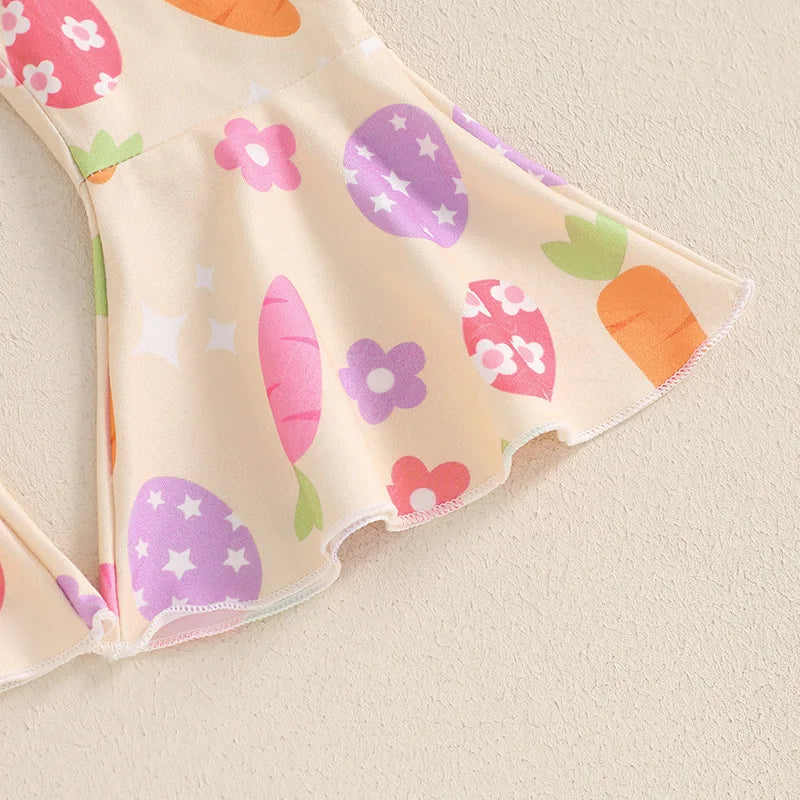 2025 New Set of Baby and Toddler Easter Bunny Print Pit Stripe Bubble Sleeves Flared Pants+headband Three Piece Set