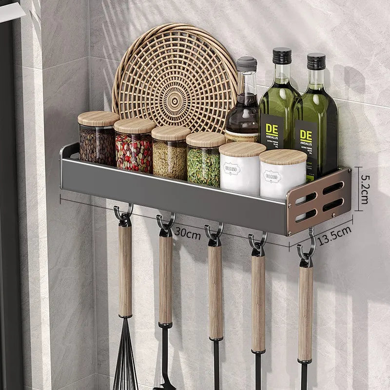 Wall Mount Utensil Holder Multifunctional Spice Organiser Shelf with Hooks Kitchen Hanging Storage Wall Shelf