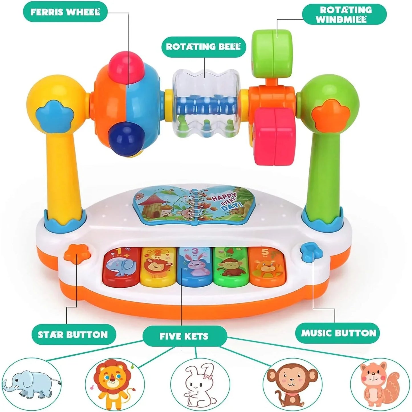 Baby Piano Toys Kids Rotating Music Keyboard Light Sound, Musical Toy for Toddlers, Early Educational Music Toy Gift Random Color