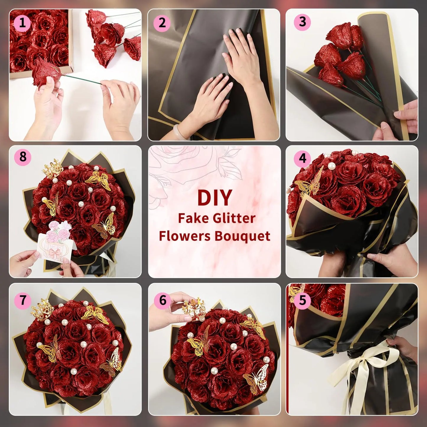 12/24pcs Red Glitter Roses Bouquet DIY Gift Set Everlasting Shiny Artificial Rose for Valentines Anniversary Engagement Wedding