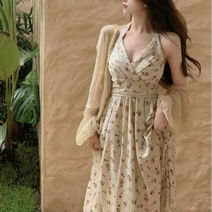 Summer New Gentle Wind Fragmented Flower V-Neck Sling Dress Set Waist Wrap Neck Hanging Long Dress Thin Sun Protection Cardigan