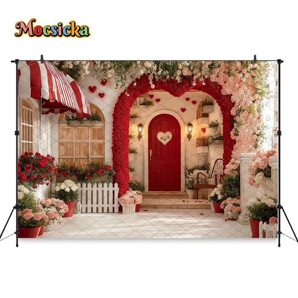 Mocsicka Valentines Day Flower Shop Backdrop Photography Red White Striped Floral Garden Background Kid Photo Shoot Studio Decor