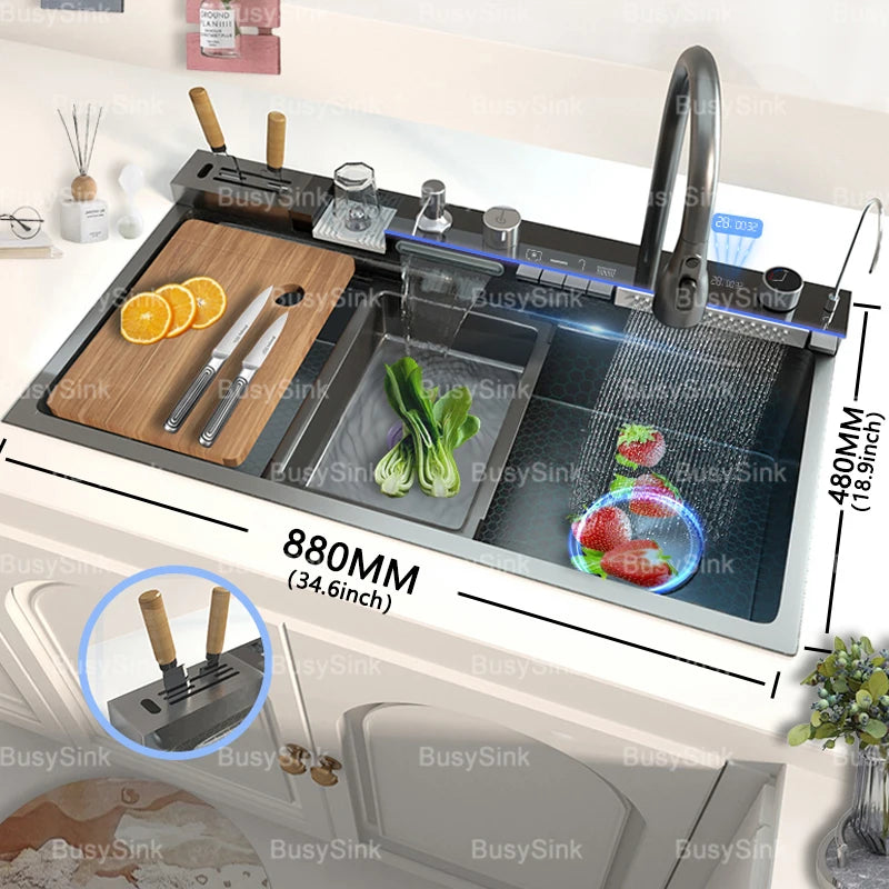 Stainless Steel Kitchen Sink With Waterfall Extra Large Single Bowl Digital Display Multifunctional Dishwashing Sinks