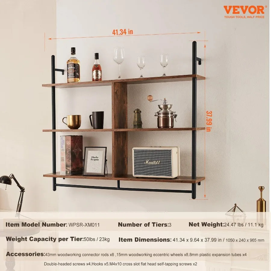 Industrial Pipe Shelf 3 Tier 41.5x9.84in WallMount for Kitchen Bedroom