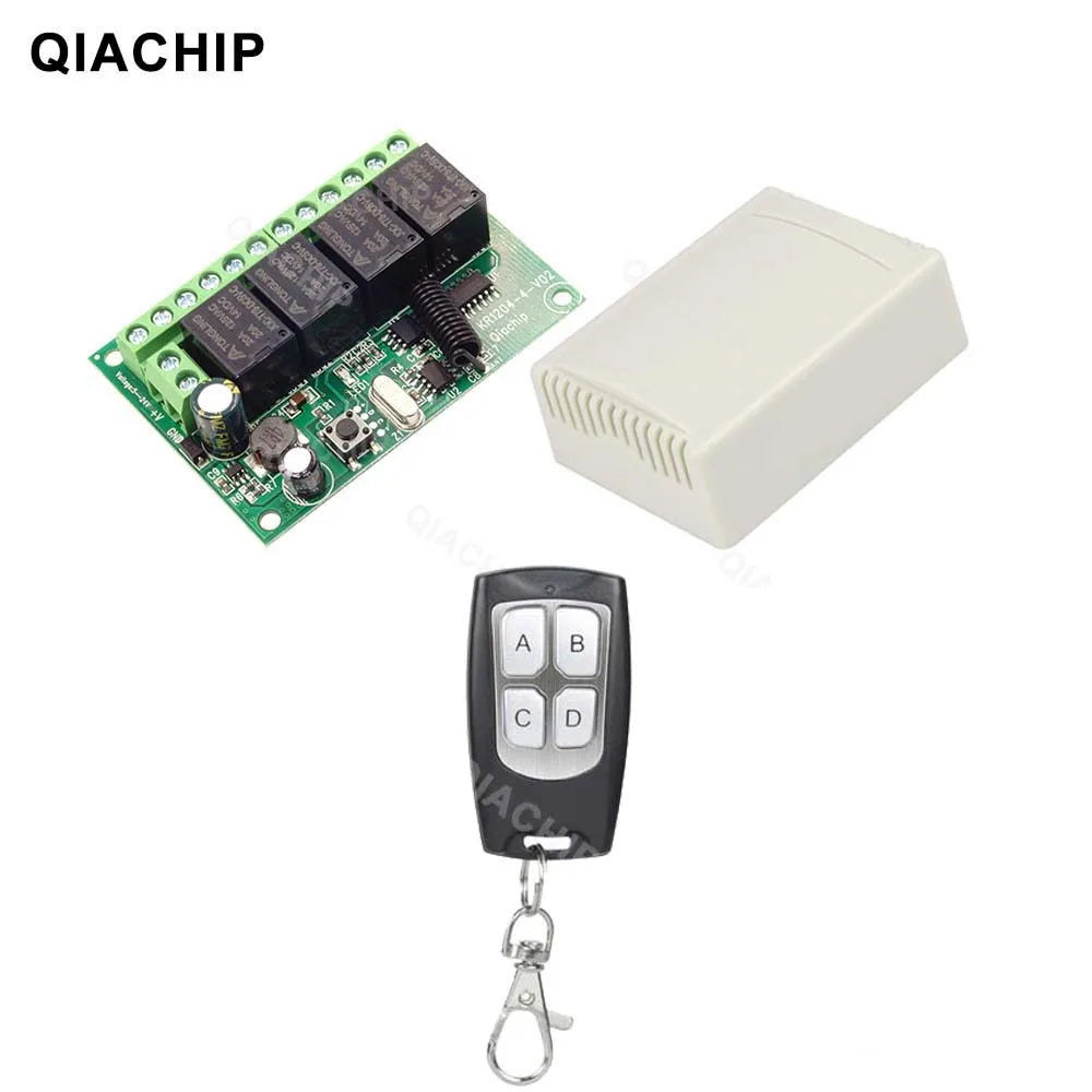 QIACHIP 4CH 433.92MHz Relay Module – DC 5V/12V/24V/48V 10A Wireless Remote Control Switch for EV1527, DC Motor DIY