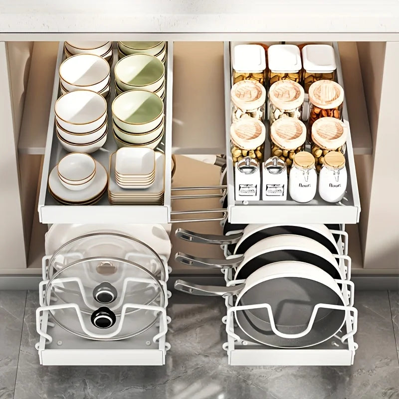 Cookware and Frying Pan Storage Rack with Pull-Out Lid Storage Box, Suitable for Placement under the Cabinet, Featuring a Pot Lid Rack with 8 Adjustable Dividers