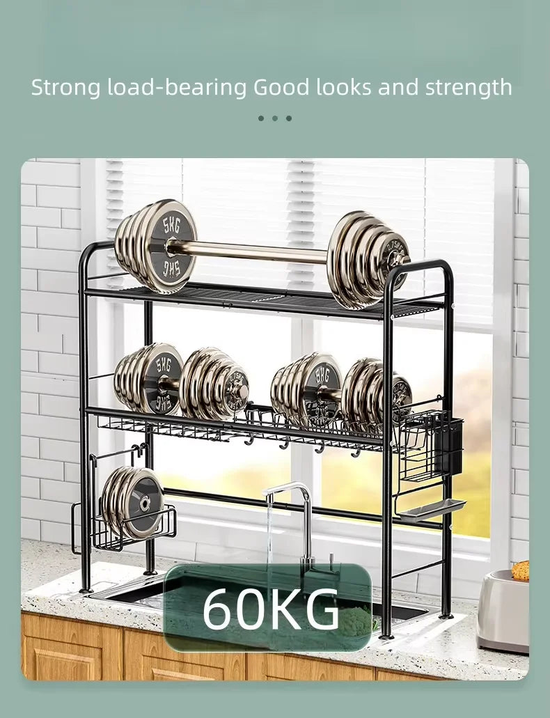 Over The Sink Dish Drying Rack, Metal Dish Drying Racks for Kitchen Counter with Hooks, Utensil Holder, 85cm, Kitchen Essentials