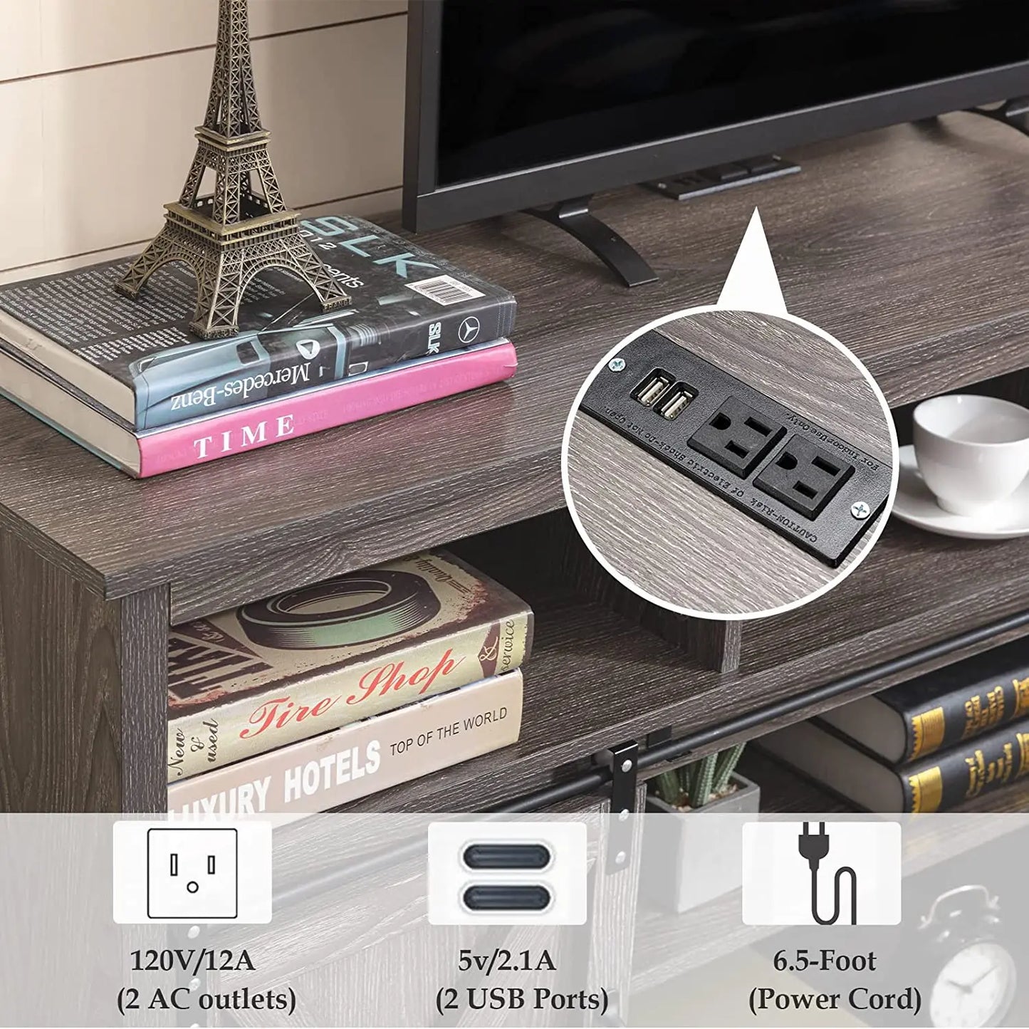TV Stand Farmhouse Coffee Bar Cabinet Rustic Sliding Barn Door Storage Cabinet with Power Outlet & LED Light, 57" Wooden TV Cabi