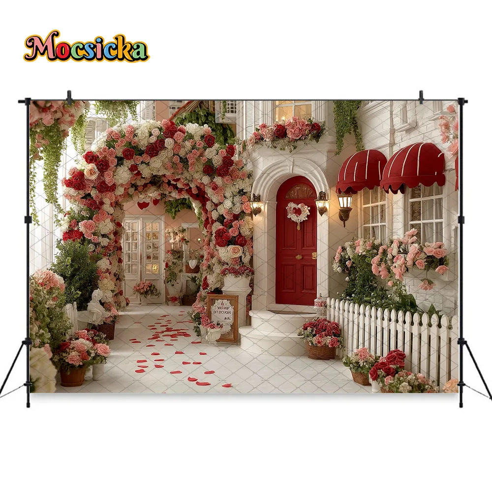 Mocsicka Valentines Day Flower Shop Backdrop Photography Red White Striped Floral Garden Background Kid Photo Shoot Studio Decor