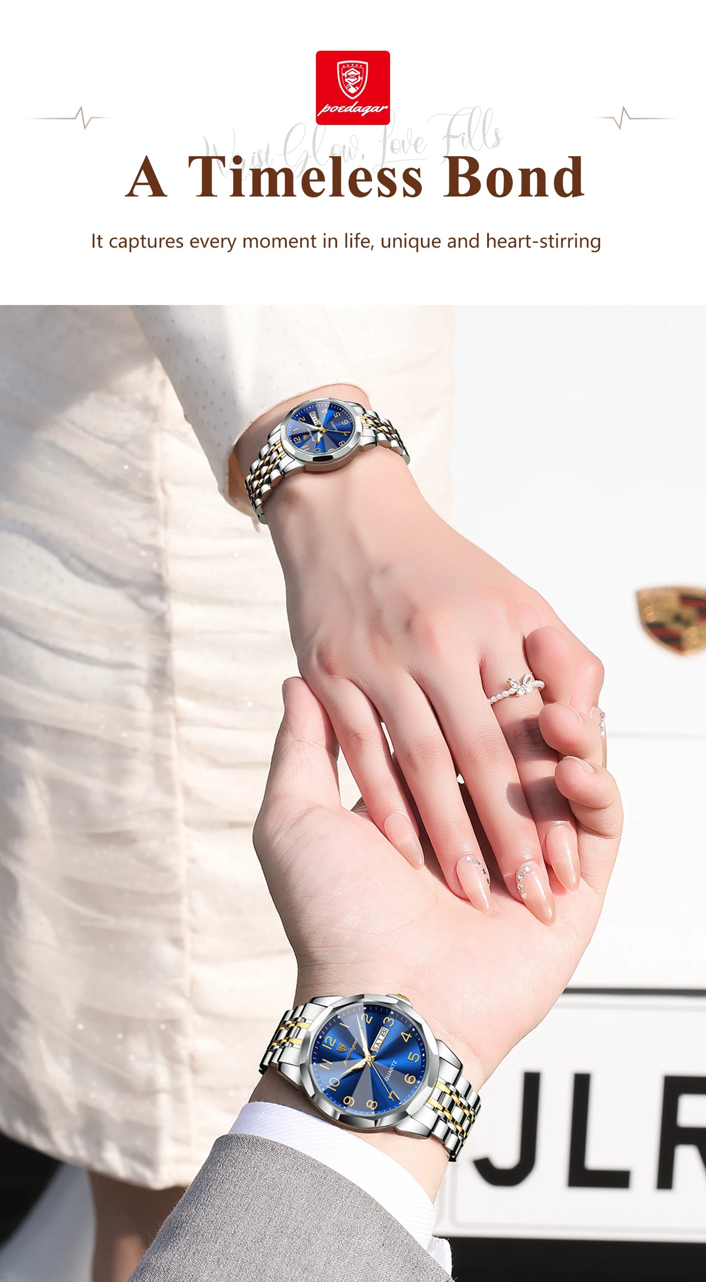 POEDAGAR Top Fashion Watches For Couple Waterproof Date Week Couple's Watches Quartz Stainless Steel Couple Watch Lovers Set+Box