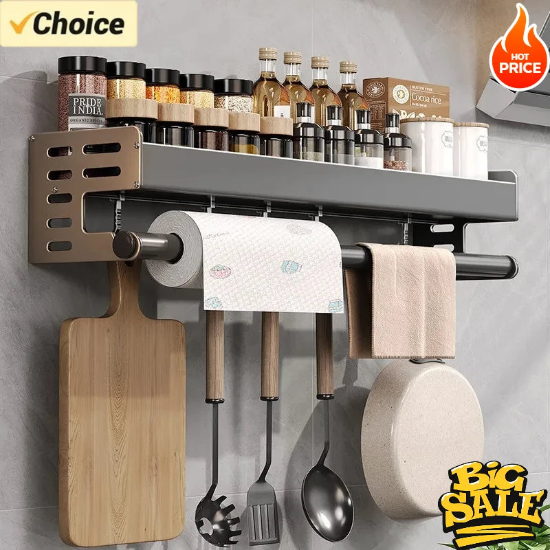 No Drill Kitchen Wall Mounted Spice Rack Space Saving Multifunctional Organiser with Hooks & Paper Towel Holder