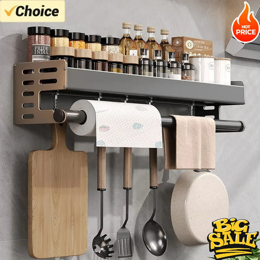 No Drill Kitchen Wall Mounted Spice Rack Space Saving Multifunctional Organiser with Hooks & Paper Towel Holder