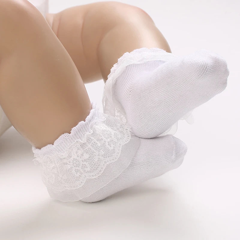 4 Pairs of Cute Lace Cotton Baby Socks 0-1 Years Old Boys and Girls Short Socks Newborn White Baptism