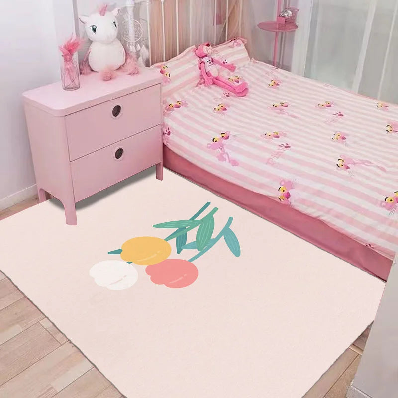 Pink Flower Print Bedroom Carpet