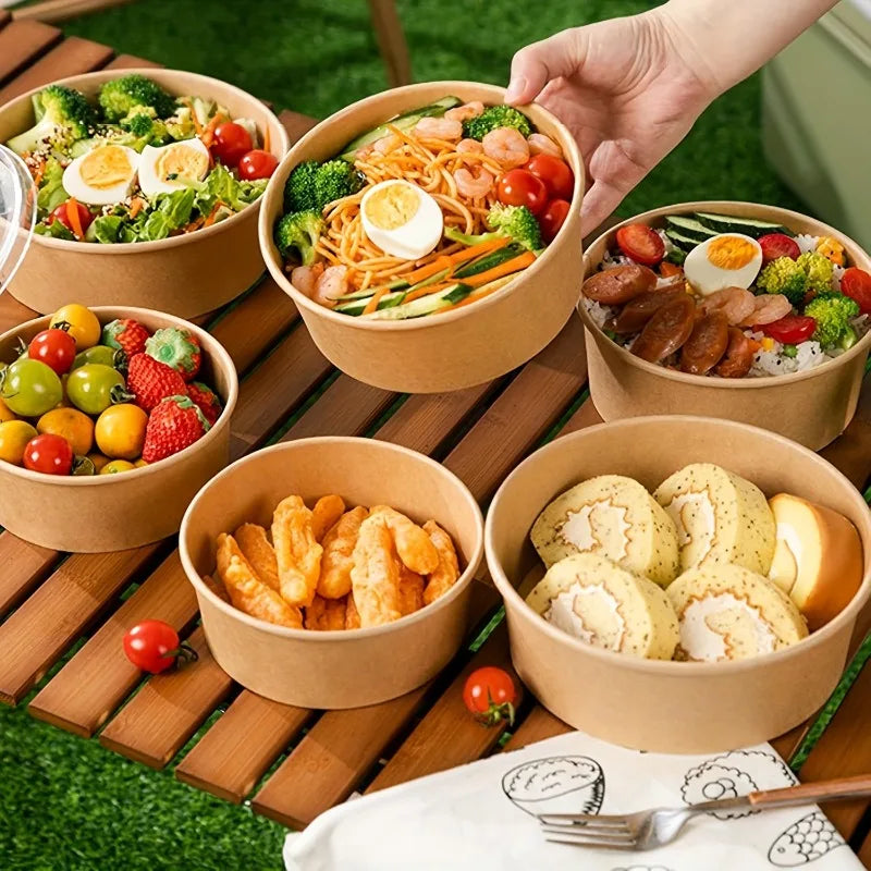15/30PCS Kraft Paper Bowls Disposable Bowls with Lid Salad Vegetable Soup Kitchen Restaurant Party Snack Storage Supplies